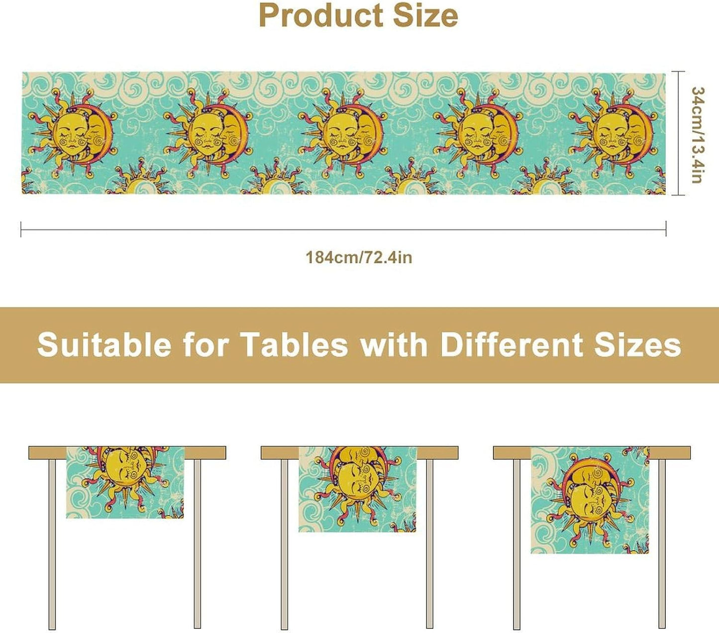 Retro Sun Moon Table Runner, Phase of The Moon Vintage Cloud Table Runner for Kitchen Dinner Living Room Table Runner Yellow Floral, 13x120 Inch Yellow Blue