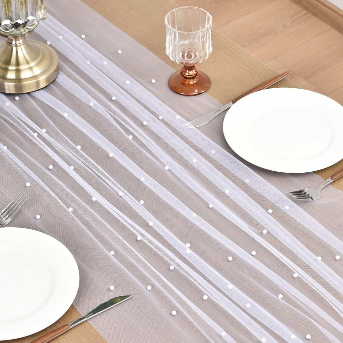 Joanlody Fall Pearl Table Runner 10ft Rustic Boho Tulle Table Runner with Pearls for Baby Shower Wedding Party Veil Dessert Thanksgiving Table Decor White