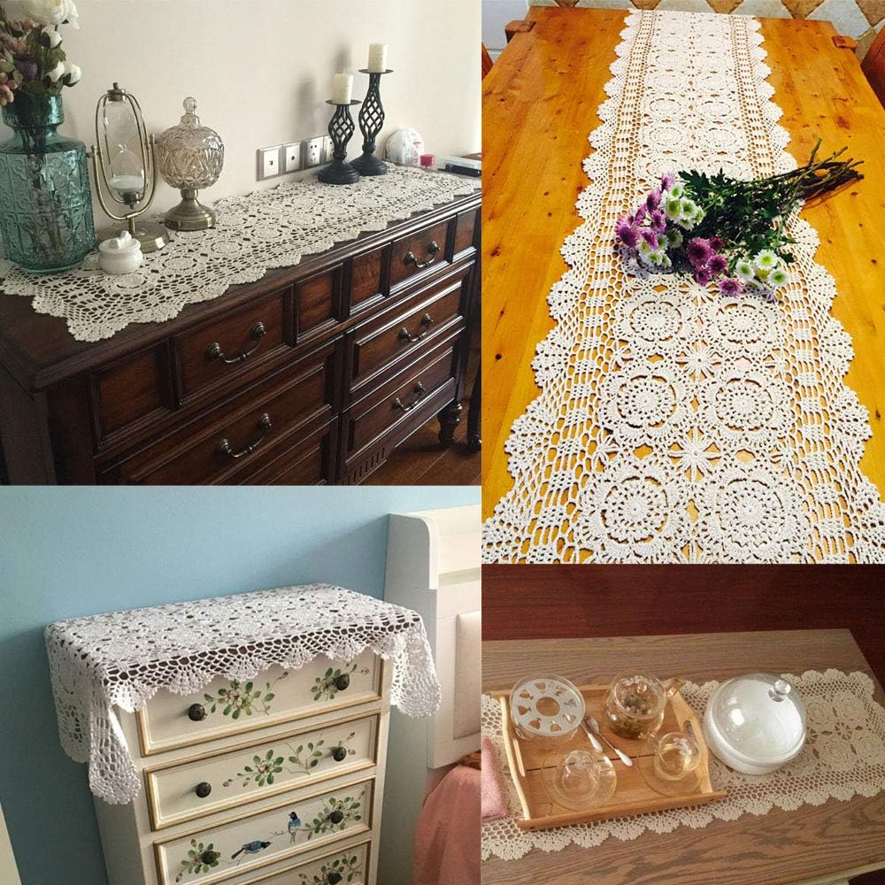 KEPSWET Cotton Handmade Crochet Lace Table Runner Beige Rectangle Coffee Table Dresser Decor (14x84 inch)