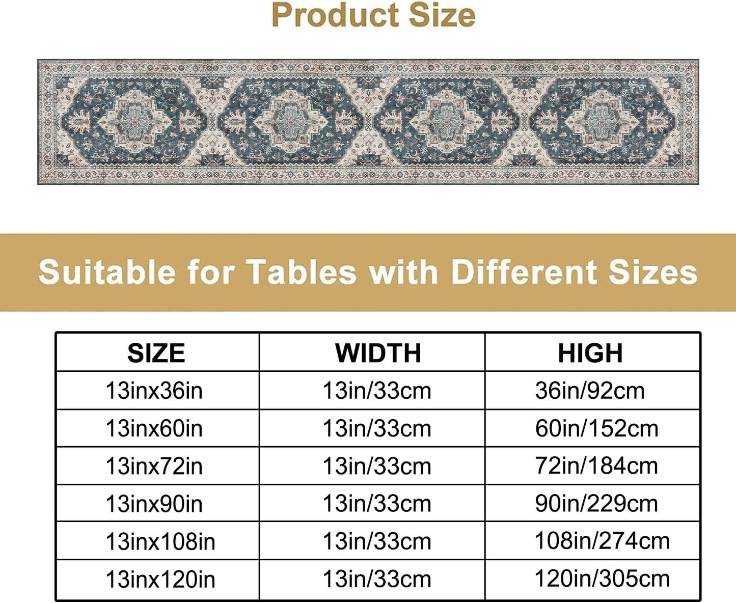 Boho Bohemia Style Table Runner, Vintage Blue Retro Flower Rustic Country Style Floral Print Pattern for Home Kitchen Table Decor Dining Coffee Room Garden Party Decor 13x72in