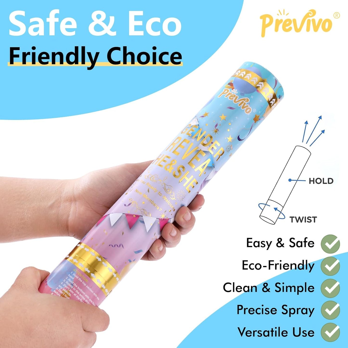 Previvo Gender Reveal Confetti Powder Cannon - 4 Pack Blue Baby Gender Reveal Poppers - 100% Biodegradable Powder Smoke - Ideas Party