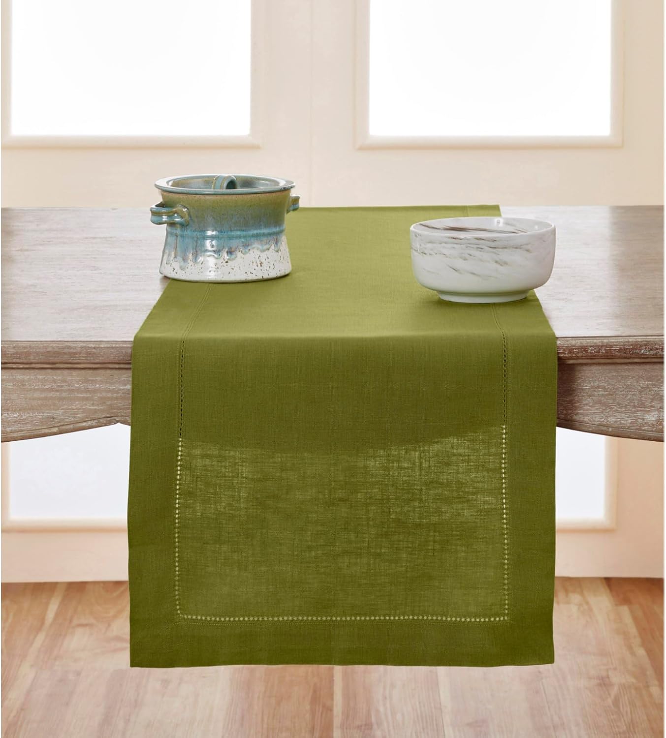 Solino Home Linen Hemstitch Table Runner 36 Inches - 100% Pure Linen Avocado Green Table Runner 14 x 36 Inch Ideal for Dresser and Coffee Tables - Fall, Autumn, Thanksgiving - Classic Hemstitch
