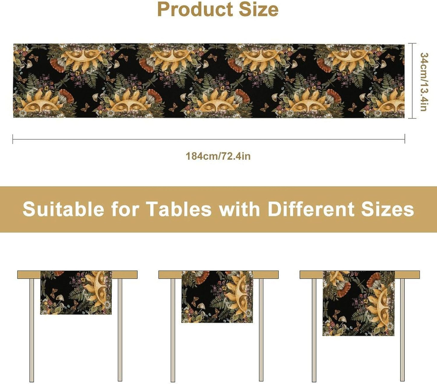 Sun Moon Table Runner, Bohomian Mushroom Daisy Table Gothic Dragonly Butterfly Table Center Decor Table Runner for Indoor Outdoor Party Kitchen Dinner Black, 13x36 Inch