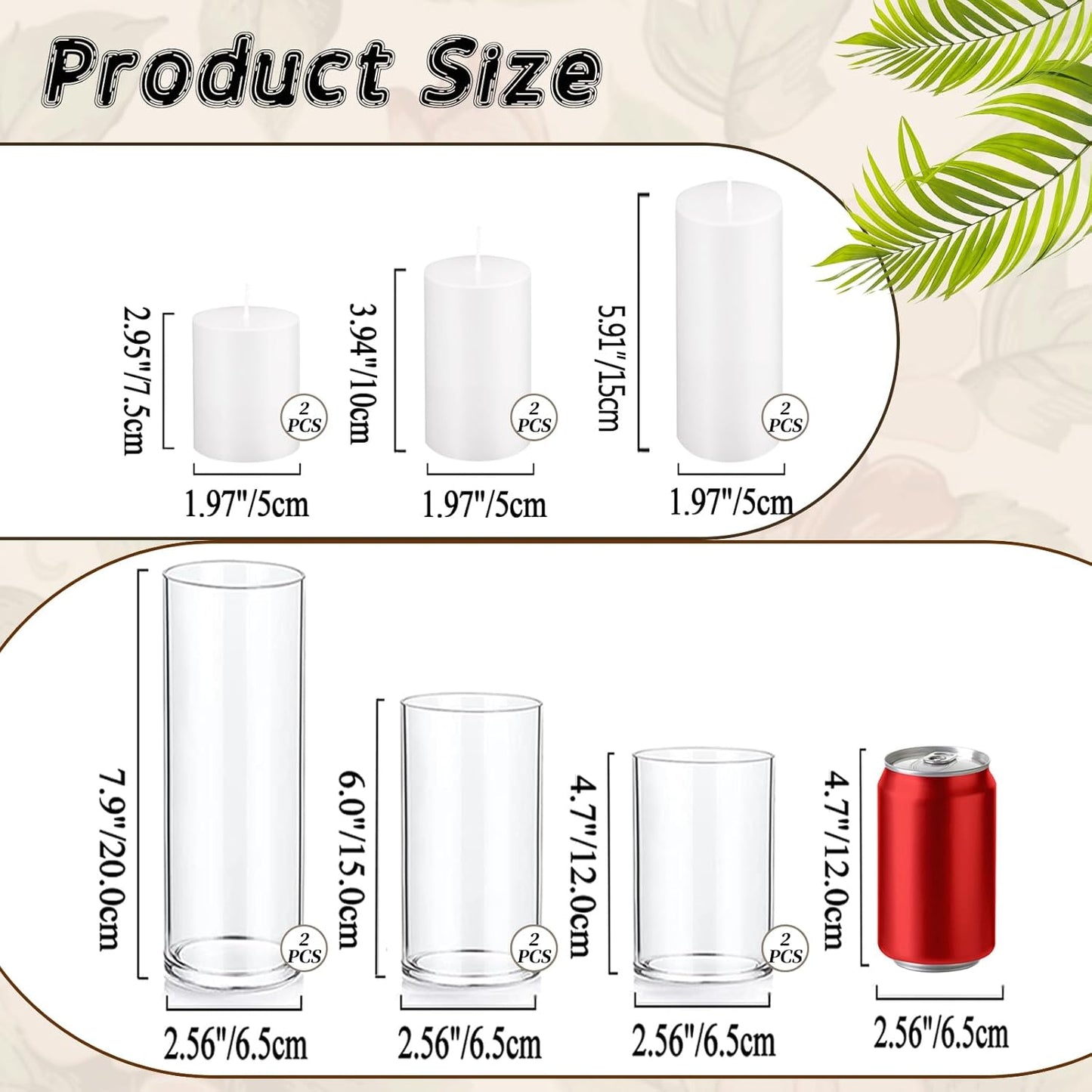 UDU Set of 6 White Pillar Candles and 6 Glass Cylinder Vases Hurricane Holders, Slim Pillar Candle Holder, Cylinder Vases for Centerpieces Wedding Table Party Home Decor(2.6" X 4.7", 5.9", 7.9")