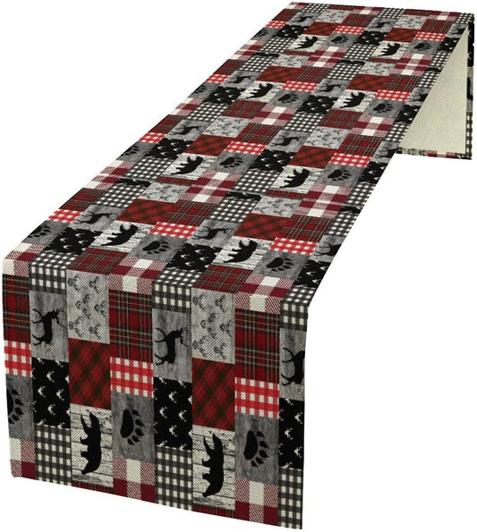 Rustic Farm Table Runner,Vintage Woodland Deer Bear Animal Buffalo Plaid Print Tablecloth Burlap for Hotel Indoors Outdoor Dining Room Kitchen Home Decor,W13X L70 in
