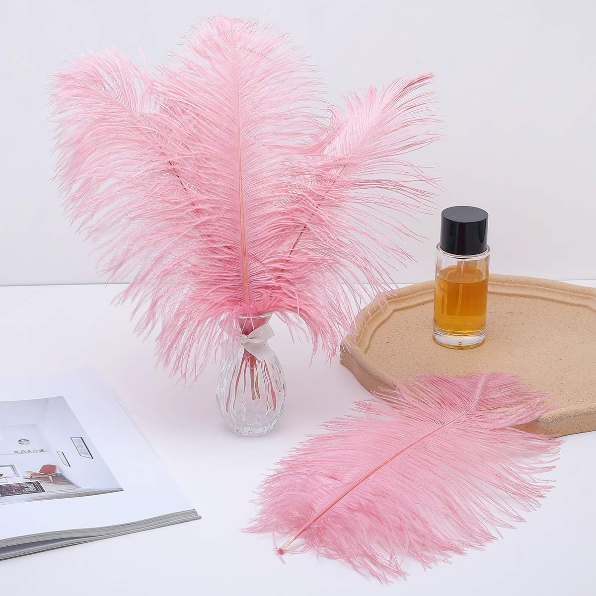 12pcs Natural Lotus Pink Ostrich Feathers 12-14inch (30-35cm) for Wedding Party Centerpieces，Flower Arrangement and Home Decoration.