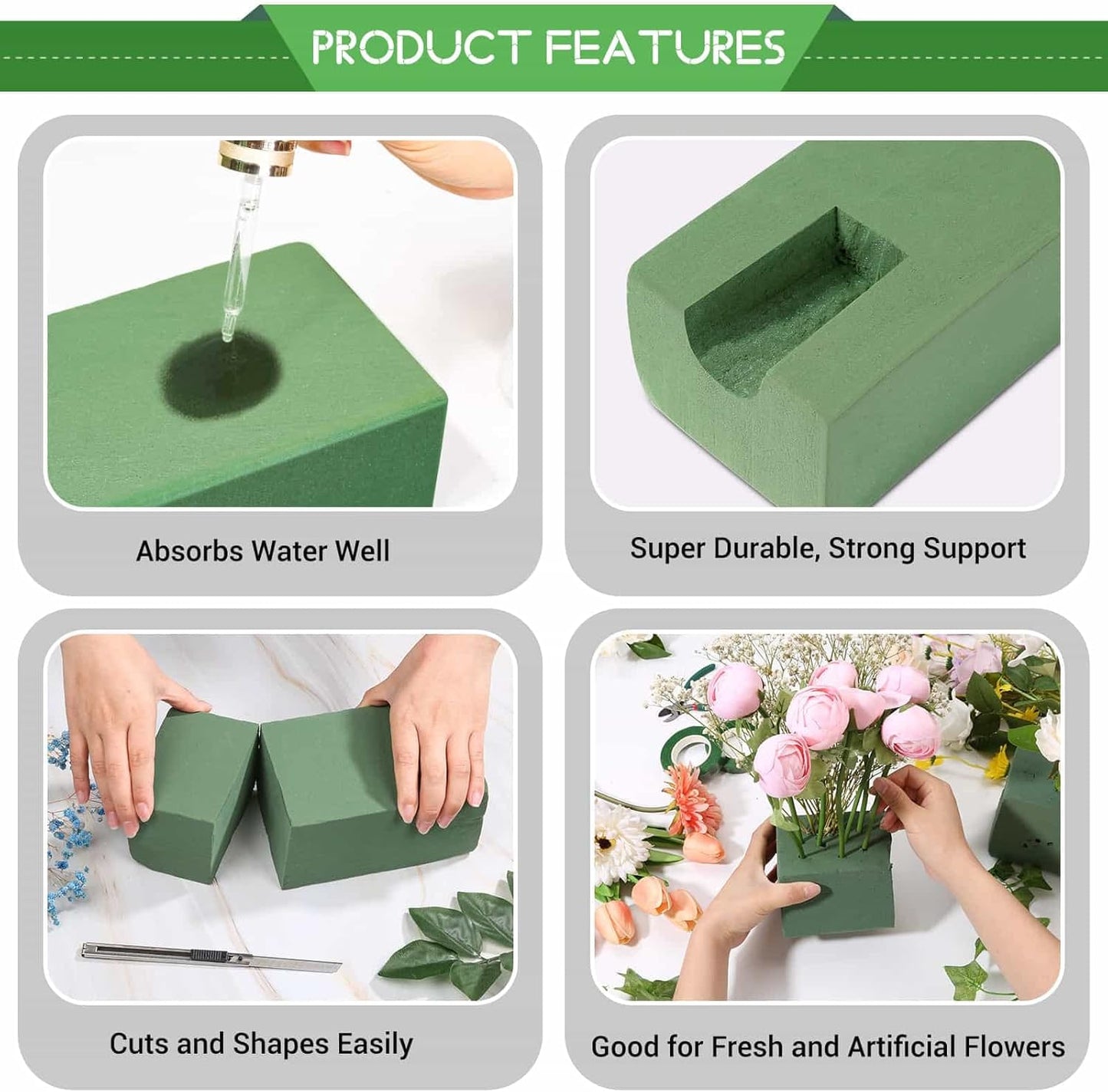 6 Pcs Floral Foam Blocks for Flower Arrangement (Larger Size 9” Lx4.3” Wx3” H) Wet and Dry Green Floral Foam for Wedding, Birthdays, Home Decorations