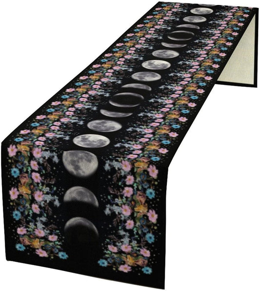 Boho Floral Moon Table Runner, Spring Flower Leaves Mystical Gothic Sun Moon Table Runner for Kitchen Dining Table Home Party,13x108 Inch Purple