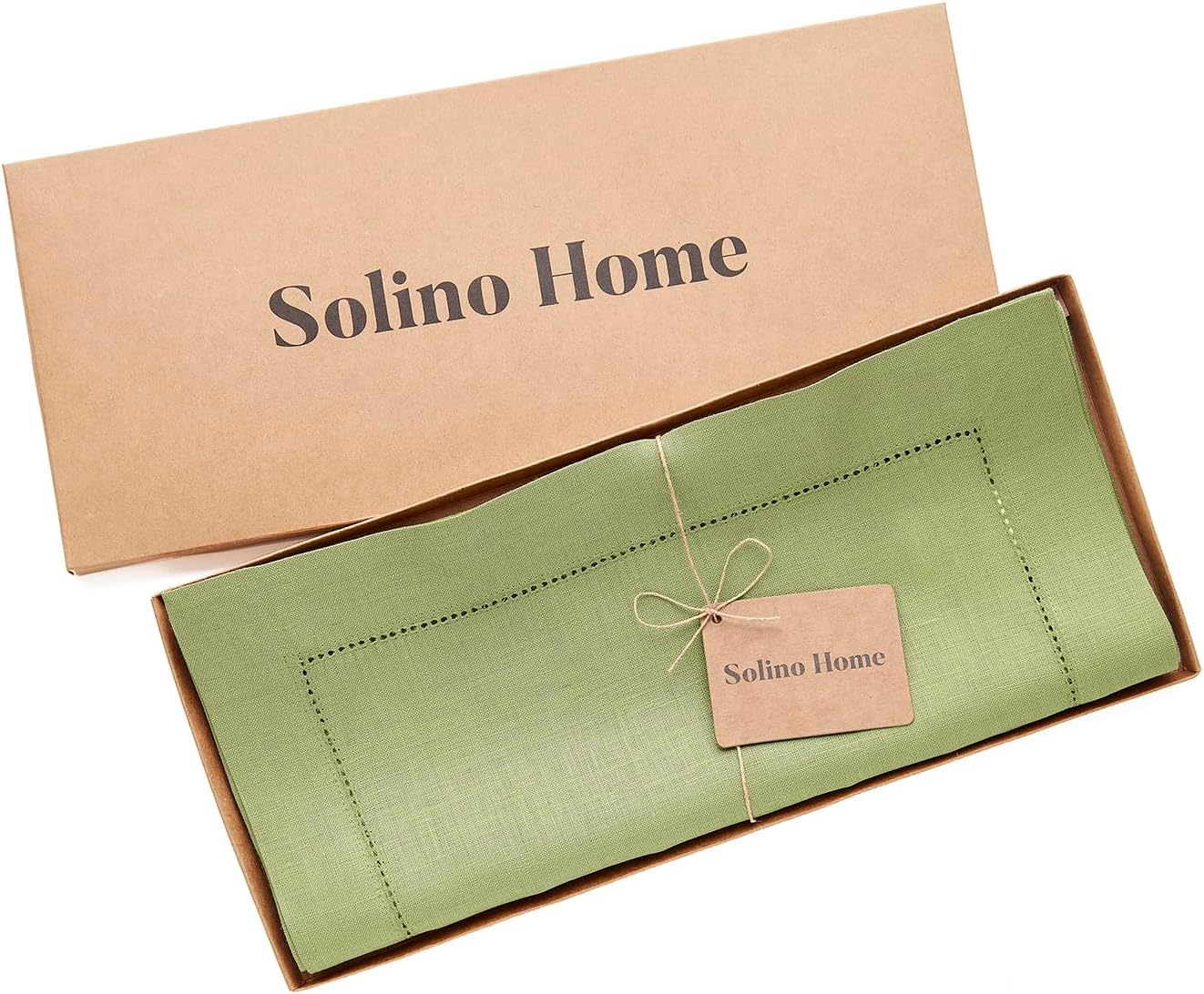 Solino Home Linen Moss Green Table Runner 72 Inches Long - 100% Pure Linen Hemstitch Table Runner 14 x 72 Inch for Dresser, Dining, Fall, Autumn, Halloween, Thanksgiving - Classic Hemstitch