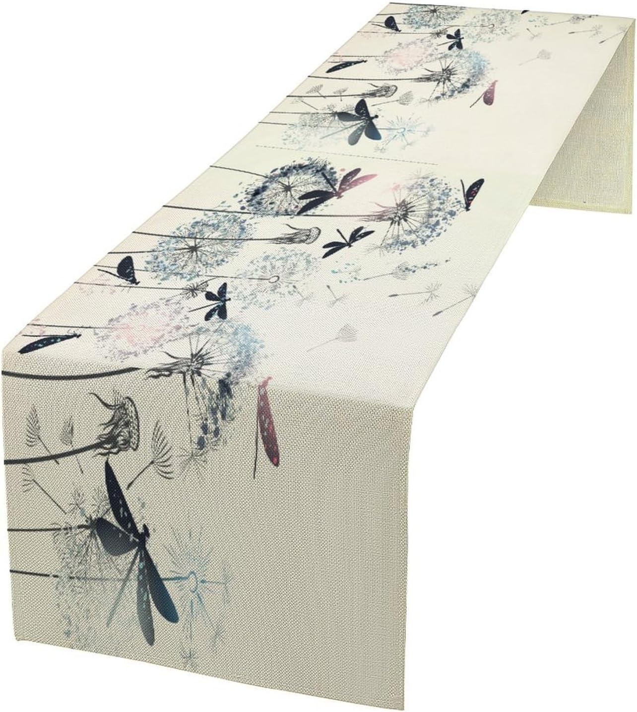 Dandelion Table Runner,Nature Rustic Dragonfly Teal Blue Floral Pattern Print Burlap Tablecloth for Hotel Indoors Outdoor Dining Room Kitchen Table Decor, 13x36in