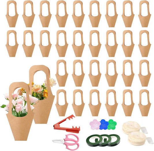 50Pcs 16.5" Kraft Paper Bouquet Bags with Handle, Florist Gift Wrapping Supplies Kit Includes Decorative Lace Ribbon, Floral Tape, Shears for Flower Arranging, Wedding, Party Decor