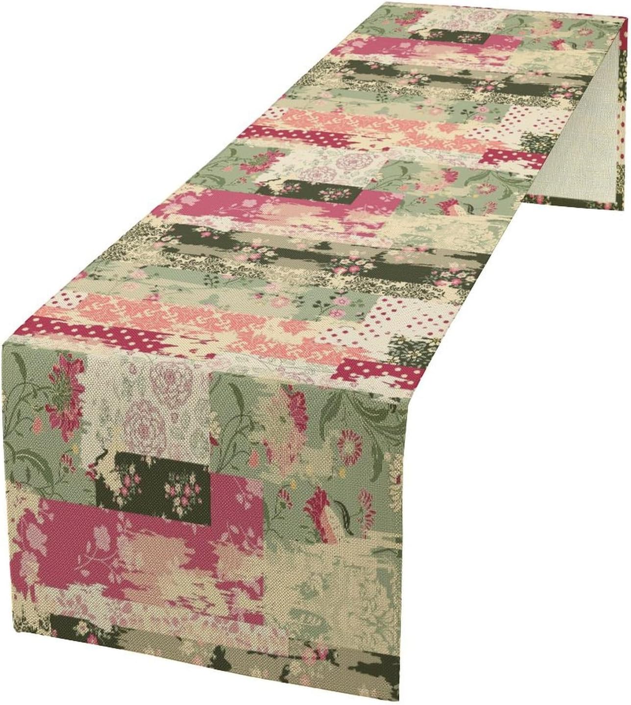 Patchwork Flower Table Runner,Abstract Colorful Floral Retro Style Hand Drawn Tablecloth Burlap for Hotel Indoors Outdoor Dining Room Kitchen Home Decor,W13X L90 in