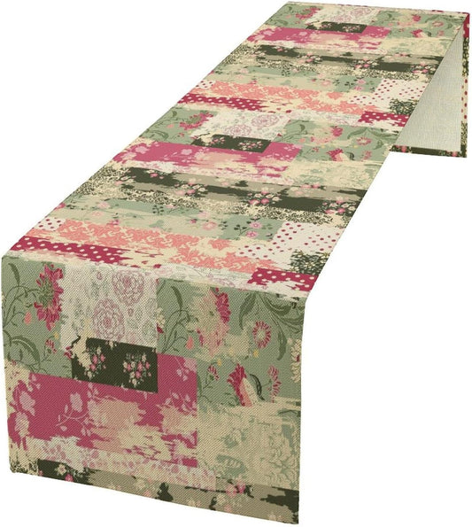 Patchwork Flower Table Runner,Abstract Colorful Floral Retro Style Hand Drawn Tablecloth Burlap for Hotel Indoors Outdoor Dining Room Kitchen Home Decor,W13X L80 in