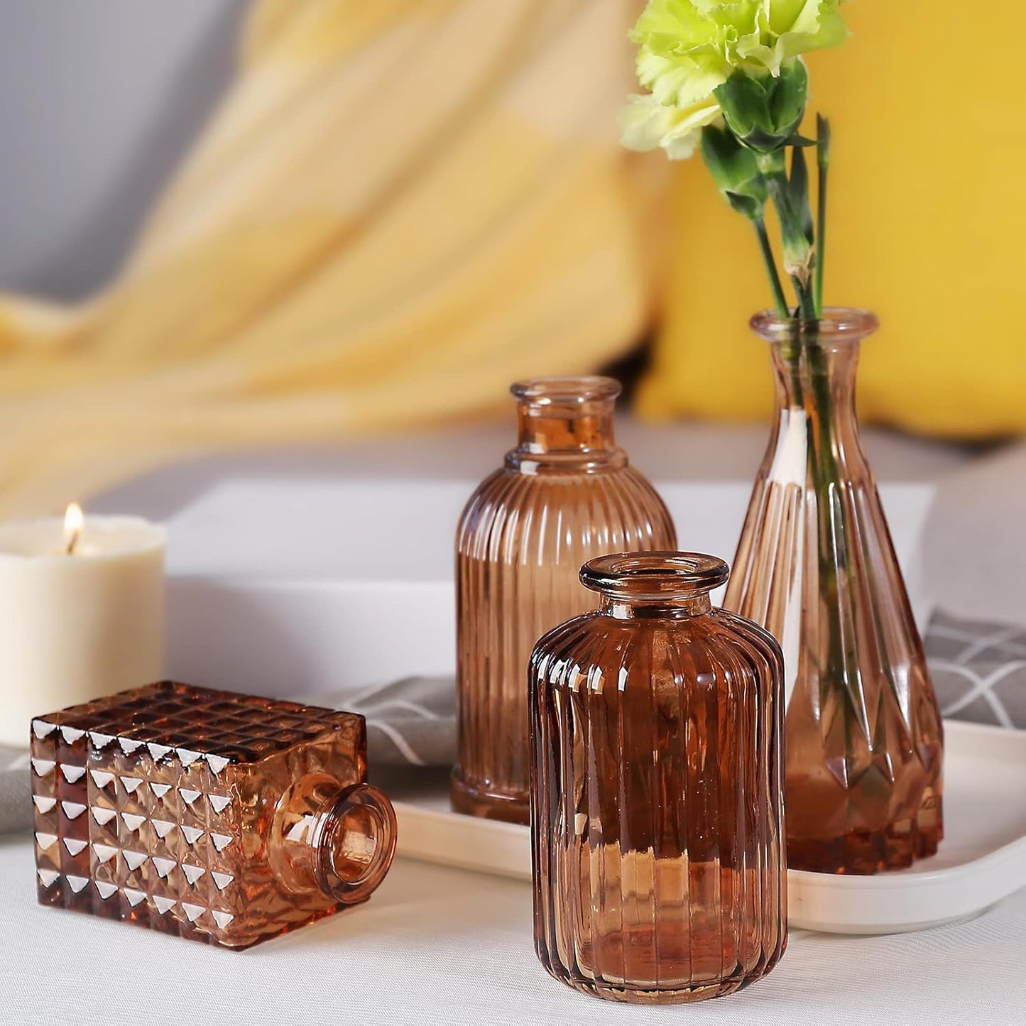 Amber Glass Bud Vases -Set of 20 for Flowers, Small Amber Bud Vases in Bulk for Centerpieces Decor, Mini Glass Set for Home Table Decorations