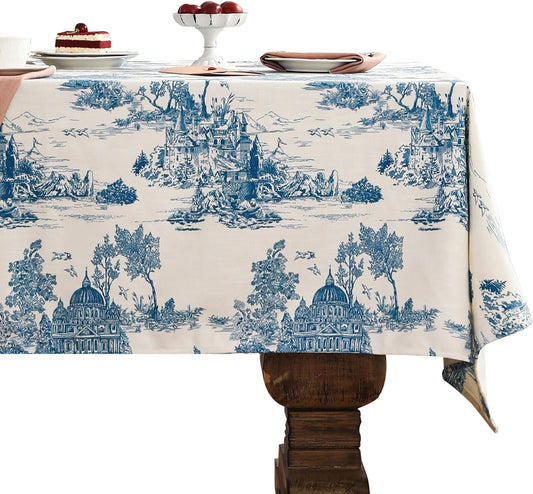 patdrea Designer Vintage Cyan Extra Long Tablecloth for Rectangle Table,Linen Ancient Castle and Manor Pattern Tablecloths,Decor for Kitchen Dining Christmas,Thanksgiving,67"x118"-Lucerne a