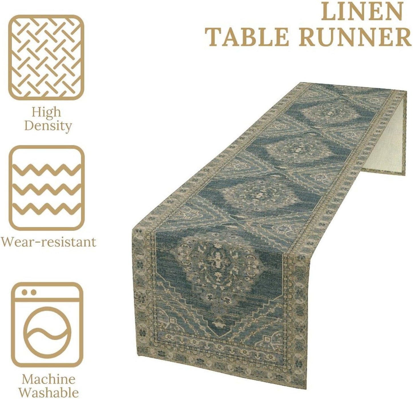 Boho Floral Vintage Table Runner, Blue Teal Retro Flower Rustic Country Farmhouse Pattern for Home Kitchen Table Decor Dining Coffee Room Party Decor 13x108in