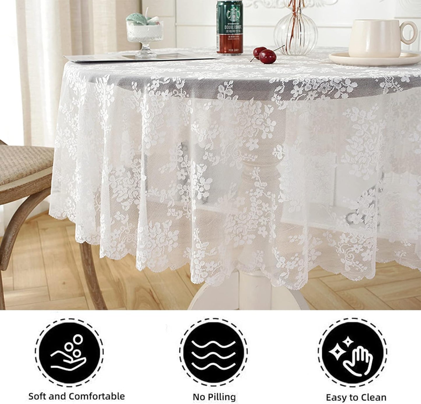 Jeloris Round Lace Tablecloth with Elegant Scalloped Bottom for Any Special Event Such as Wedding, Birthday Party, Baby Shower, Anniversary (70 inch, Style 1)