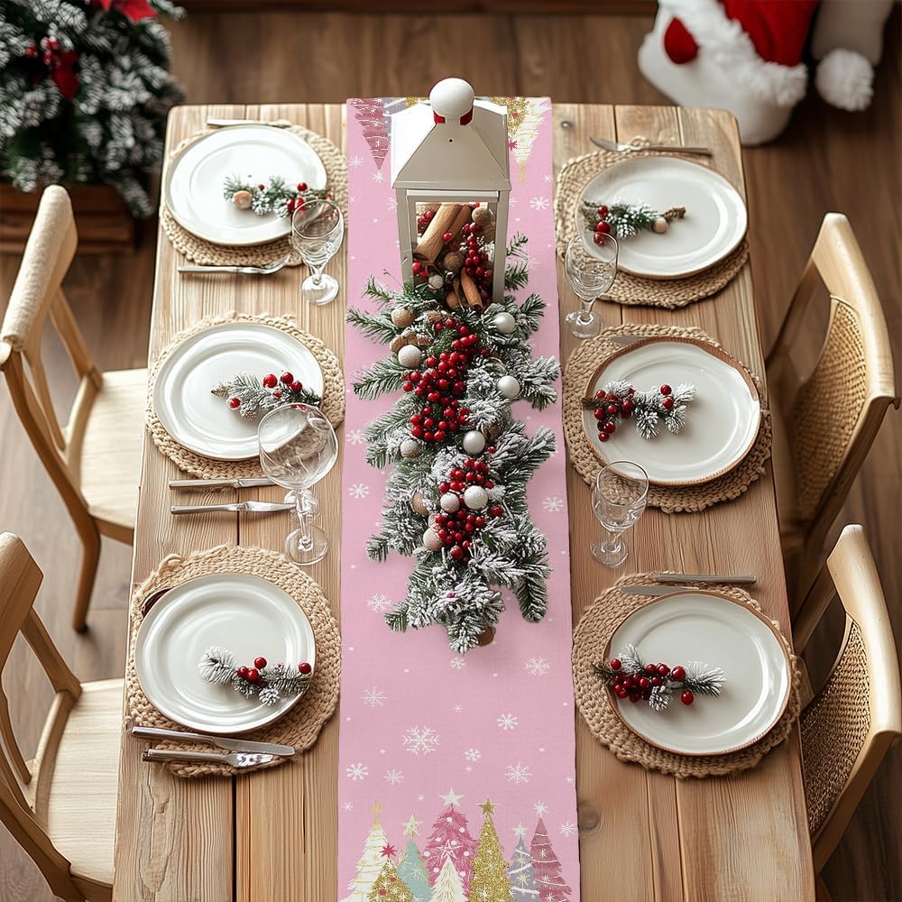GEEORY Christmas Table Runner 13x72 Inch, Xmas Trees Snowflakes Holiday Decorative Farmhouse Table Decoration for Kitchen Dinning, Indoor Outdoor Dinner Party Decor (Pink) GT153-72