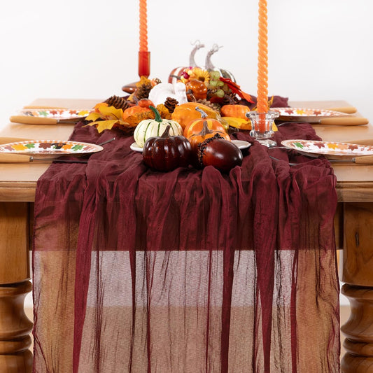 Burgundy Red Cheesecloth Table Runner Fall Table Runner Boho Gauze 120 Inches Red Cheese Cloth Fall Table Decorations for Thanksgiving Christmas Weddings Bridal Shower Candlelight