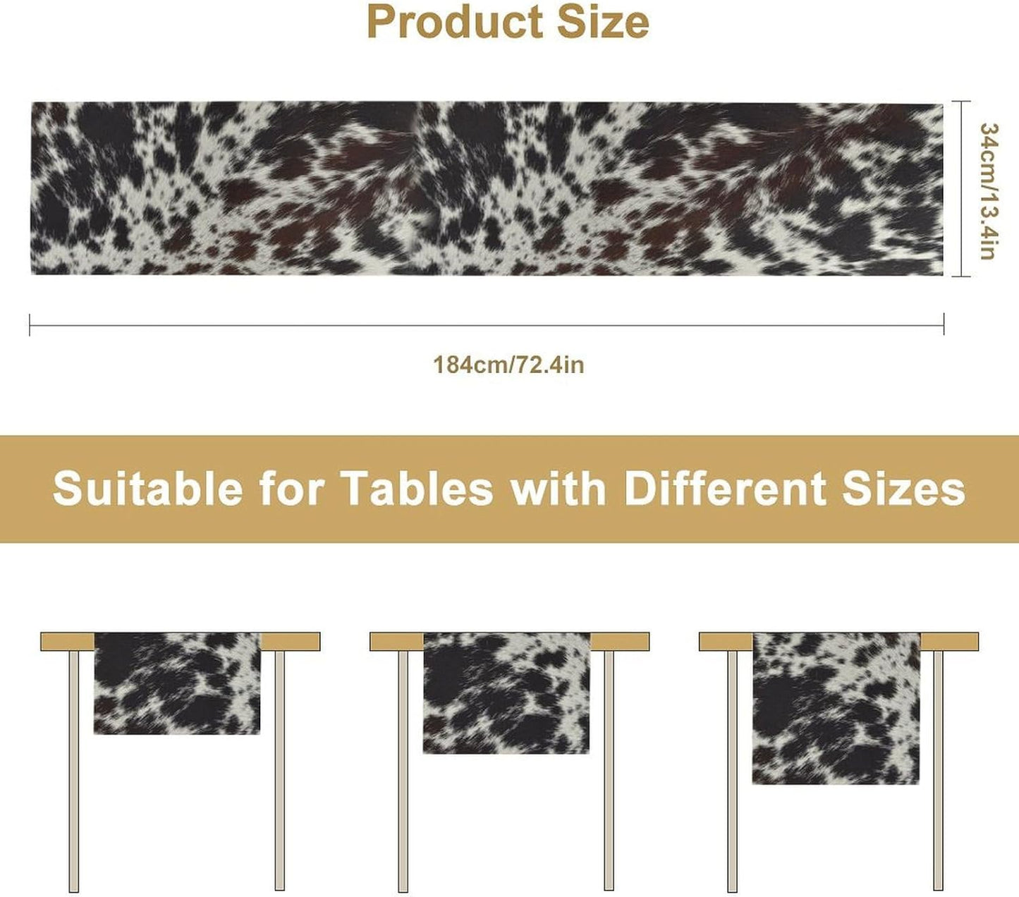 Cow Print Table Runner, Country Farm Animal Fur Skin Pattern Western Style Black Brown Cowhide Print Dinner Runner for Home Kitchen Dining Home Setting, 13x90 Inch