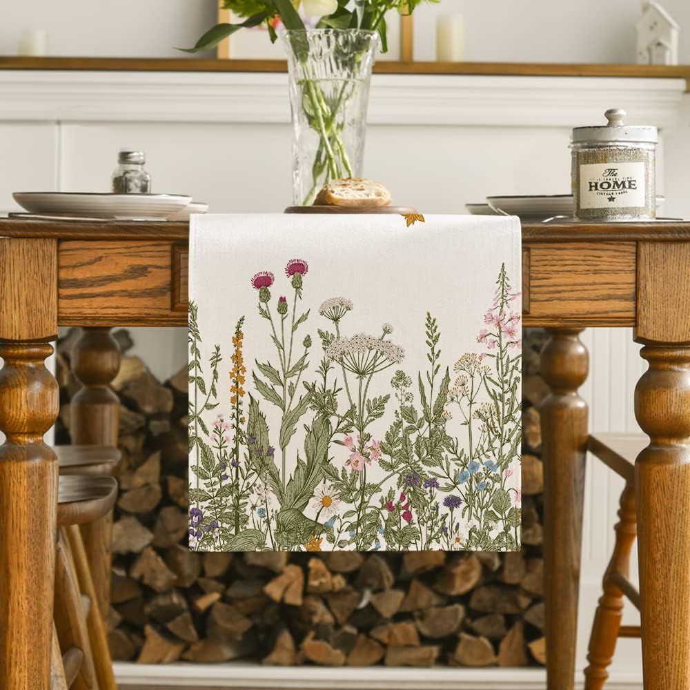 Artoid Mode Antique Herbs and Wild Flowers Summer Table Runner, Spring Fall Kitchen Dining Table Decoration for Home Party 13x120 Inch