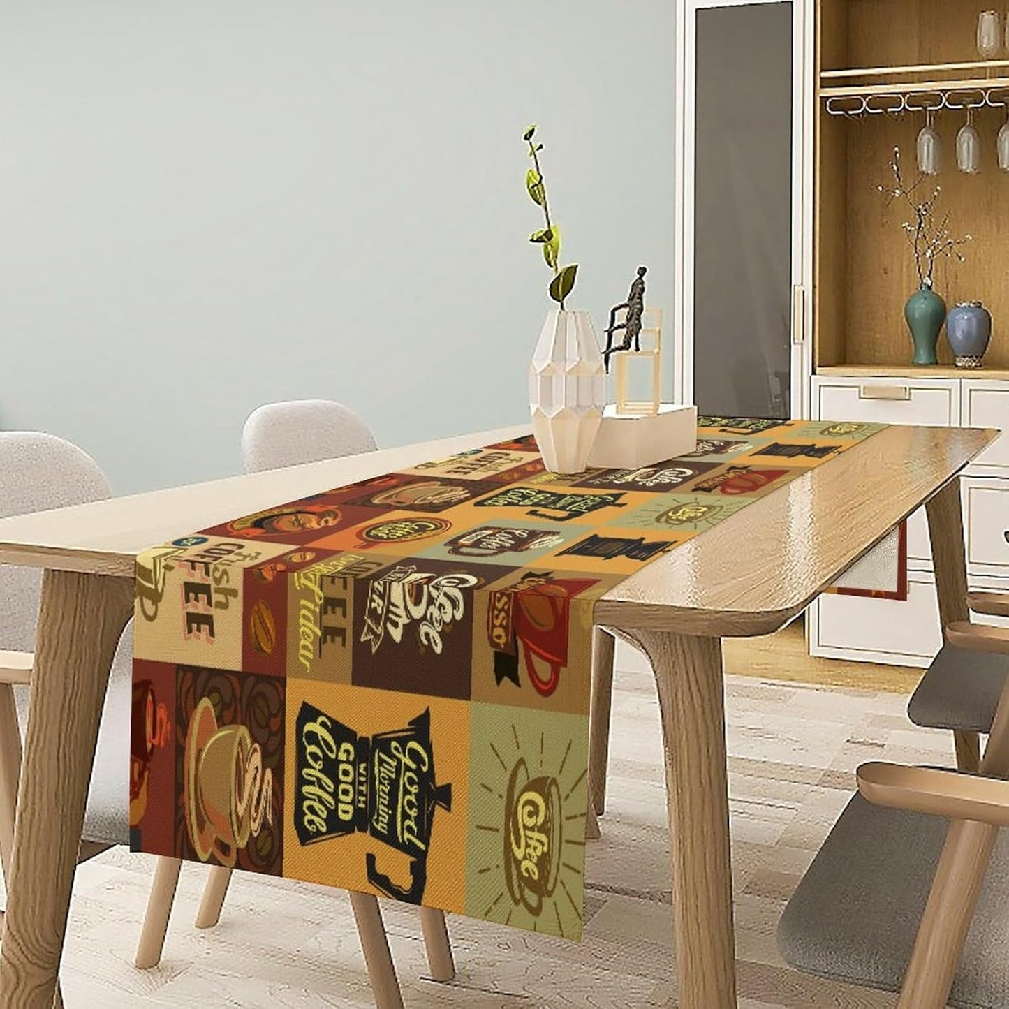 Coffee Table Runner,Vintage Style Coffee Beans Cups Theme Design Pattern Print Tablecloth Burlap for Hotel Indoors Outdoor Dining Room Kitchen Holiday Party, 13x36in