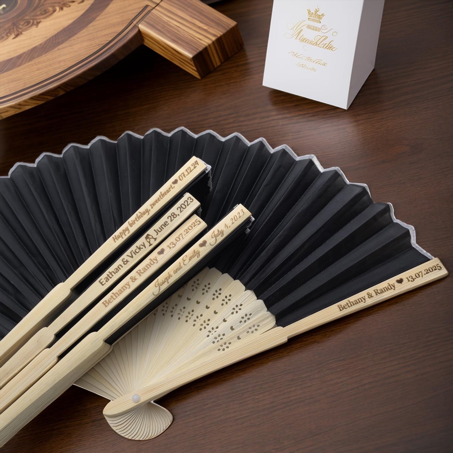 5Pcs Personalized Silk Fans Folding Hand Fan, Custom Wedding Bridal Party Favors, Summer Wedding Bride, Wedding Gift, Thank You Gift (Black)
