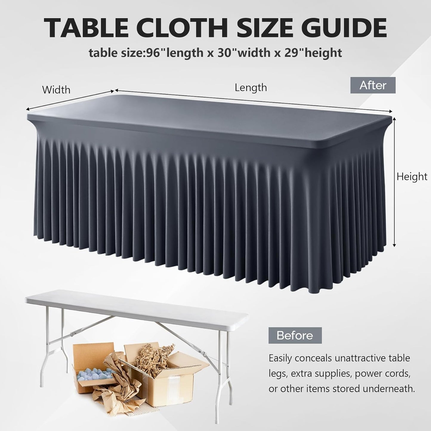 Wish Care 2 Pack Gray Spandex Table Clothes for 8 Foot Rectangle Tables, 8FT Wrinkle Free Fitted Tablecloths Ruffles Design Table Cover for Party, Banquet, Wedding and Events
