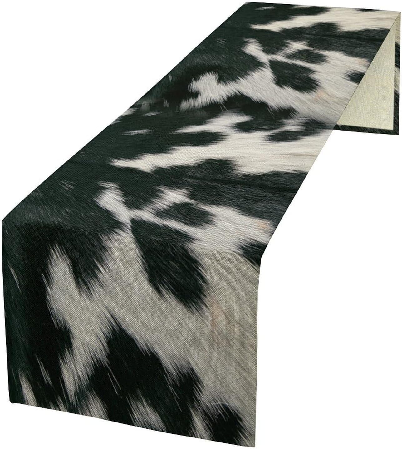 Cow Skin Print Table Runner, Rustic Country Farm Fur Skin Cowhide Pattern Western Style Black White Print Table Runner for Home Kitchen Dinning, 13x120 Inch