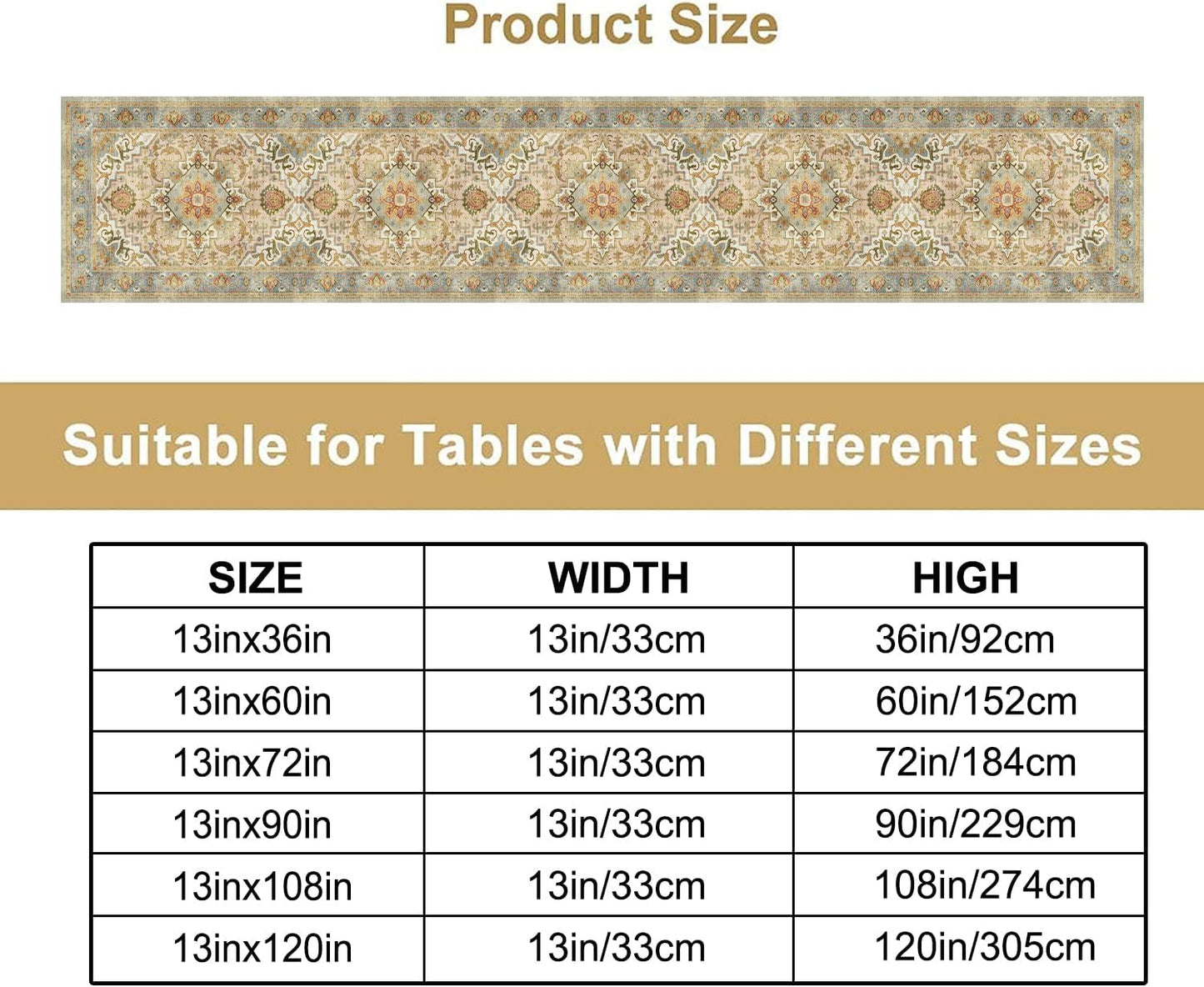 Vintage Boho Floral Table Runner, Rustic Country Farmhouse Yellow Blue Retro Flower Pattern for Home Kitchen Table Decor Dining Coffee Room Party Decor 13x120in