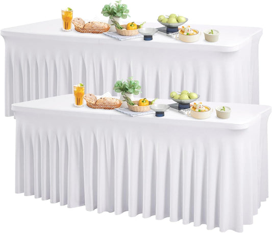 Wish Care 2 Pack White Spandex Table Clothes for 8 Foot Rectangle Tables, 8FT Wrinkle Free Fitted Tablecloths Ruffles Design Table Cover for Party, Banquet, Wedding and Events