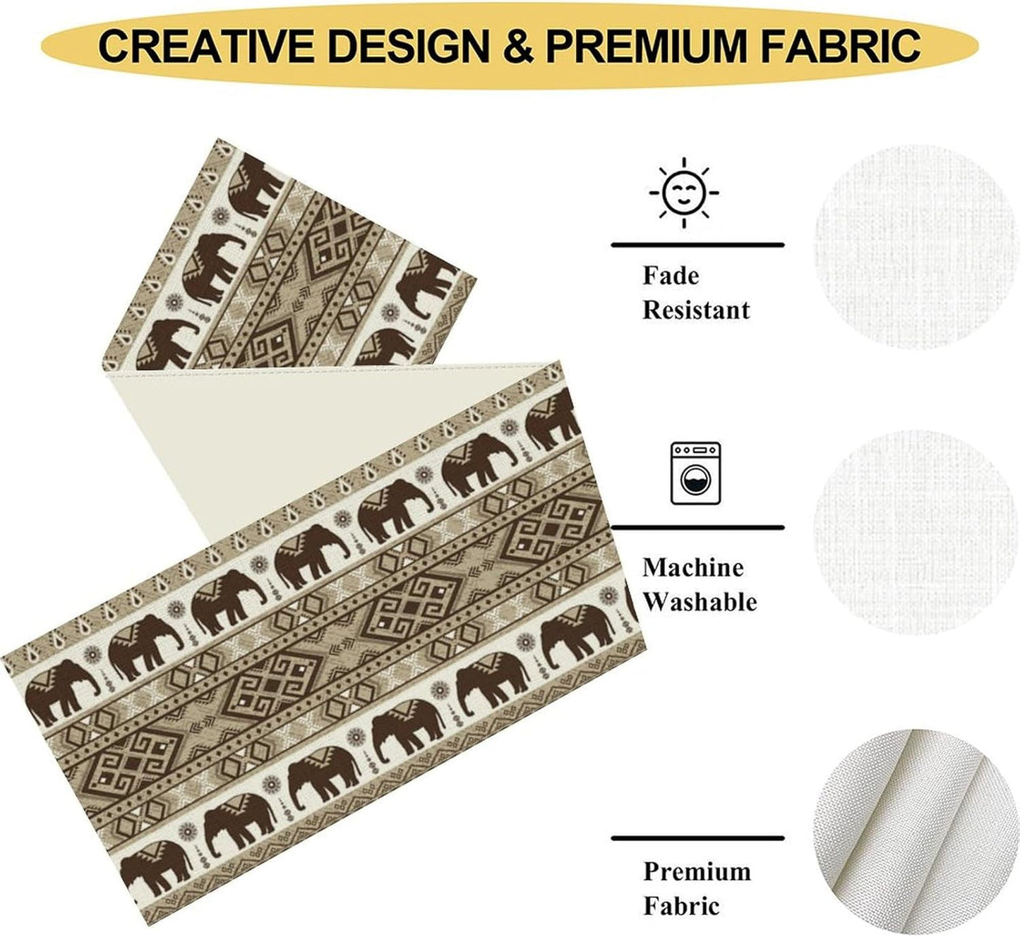 Ethnic Table Runner, Rustic Farmhouse Boho Indian Bohemian Elephant Aztec Tribal Print Beige Table Center Decor for Home Kitchen Dining Patio Holiday Party Indoor Table Decorations, 13"x72" Inch