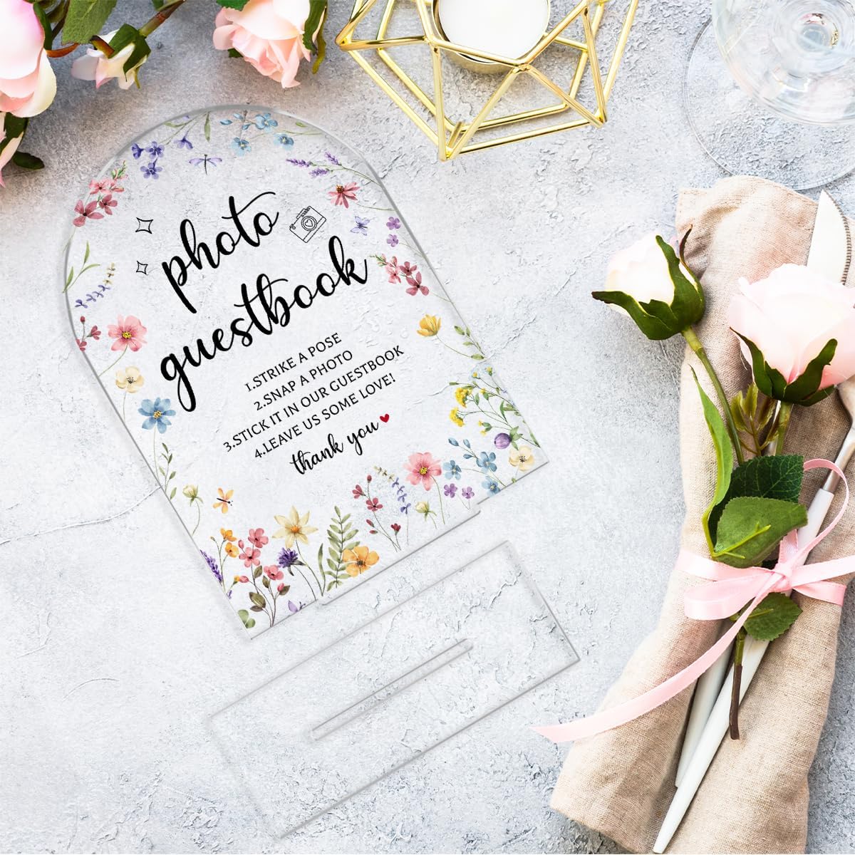 Wedding Sign Decor, Photo Guest Book Sign, Wedding Sign for Reception & Event Party, Bridal Shower Decorations, Wedding Table Sign Accessories for Event 5x7 Inch Arch Acrylic (Flower)