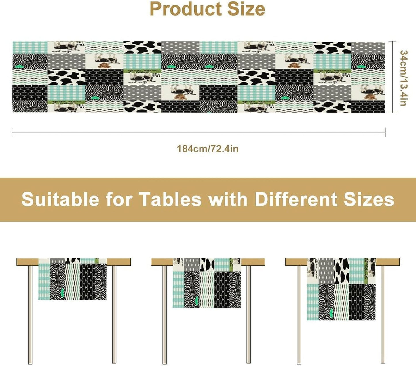 Cute Cow Print Table Runner,Farm Animals Honeycomb Plaid Stripes Cowhide Pattern Tablecloth Burlap for Hotel Indoors Outdoor Dining Room Kitchen Table Decor, 13x90in