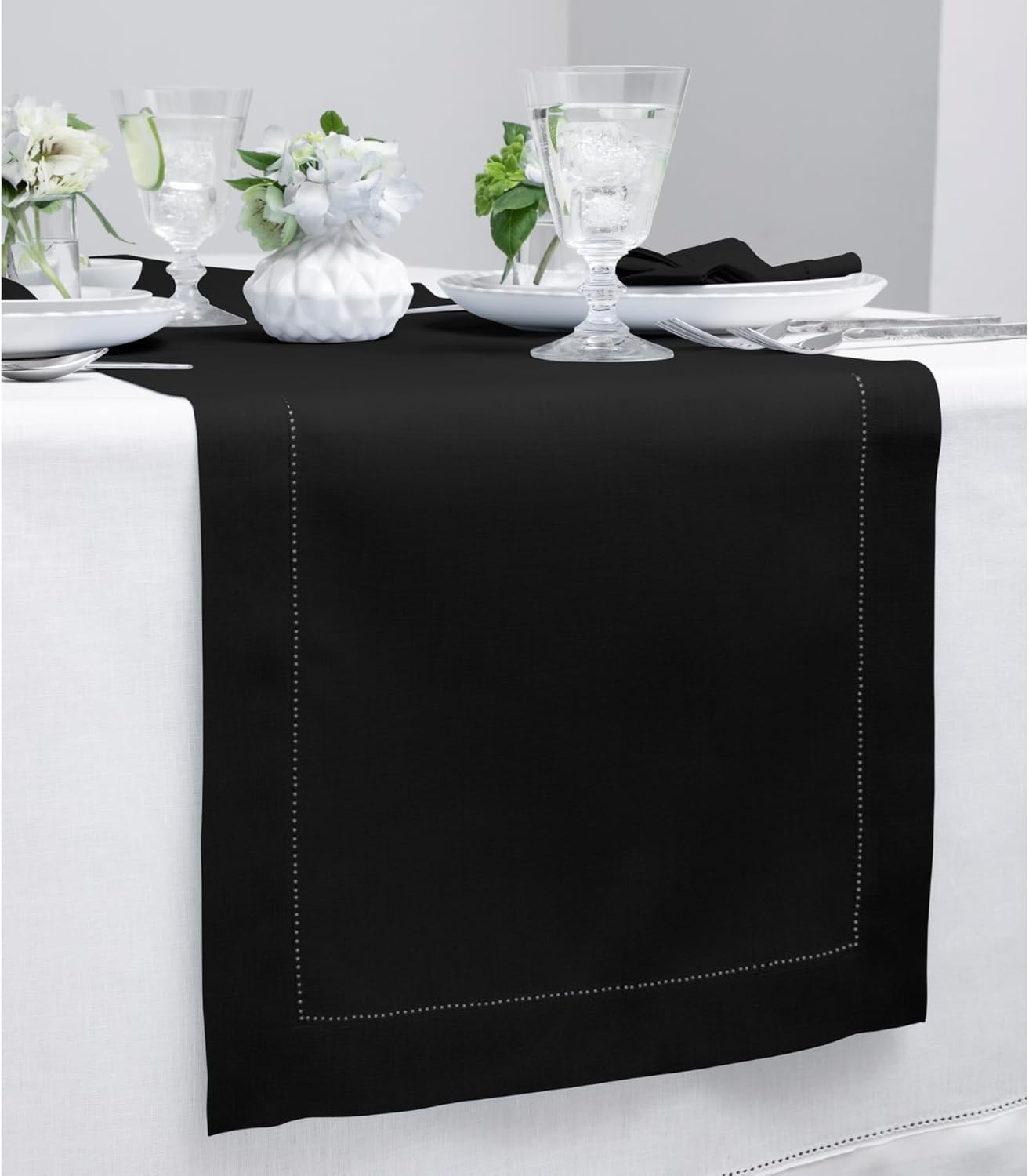 Solino Home Linen Black Table Runner 72 Inches Long - 100% Pure Linen Hemstitch Table Runner 14 x 72 Inch for Dresser, Dining, Fall, Autumn, Halloween, Thanksgiving, Holiday - Classic Hemstitch