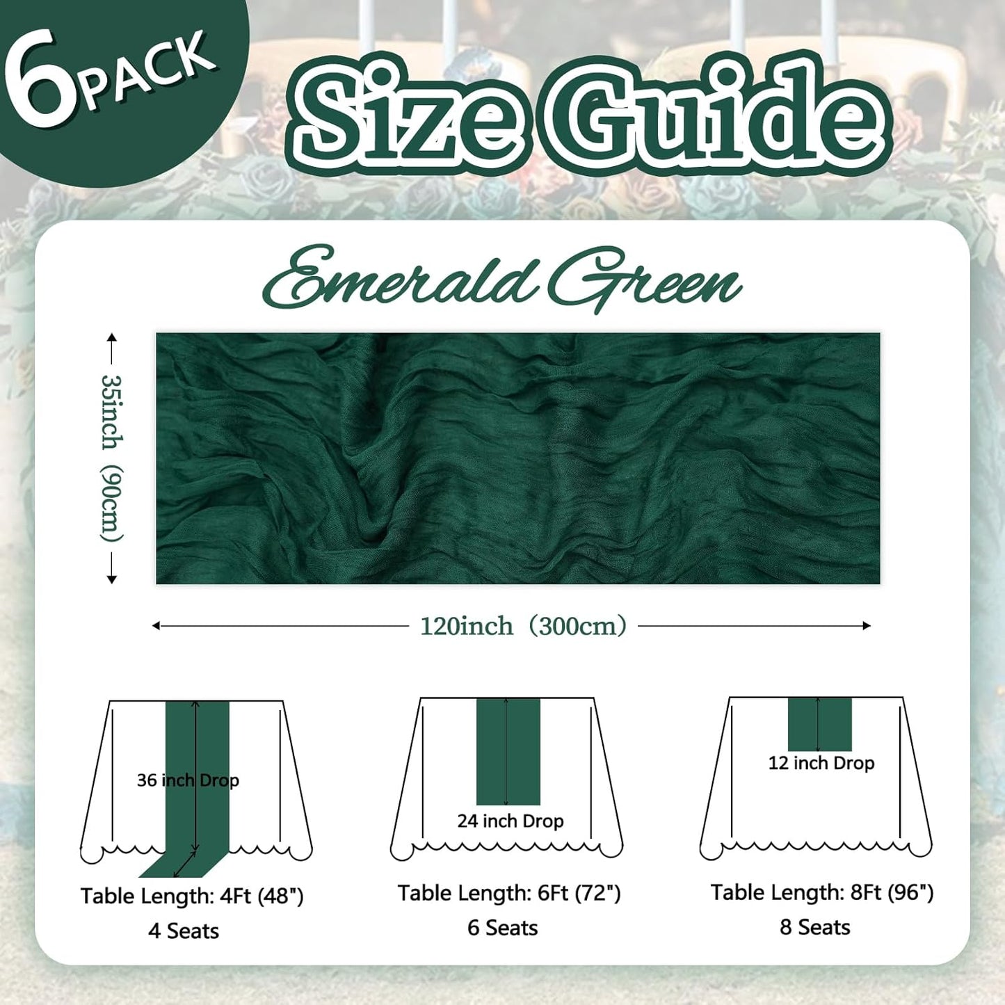 6 Pack Emerald Green Cheesecloth Christmas Table Runner 10ft Boho Gauze Fabric Cheese Cloth Table Runner 35 x 120 Inch Rustic Sheer for Romantic Wedding Decor Baby Shower Party Centerpiece Decoration