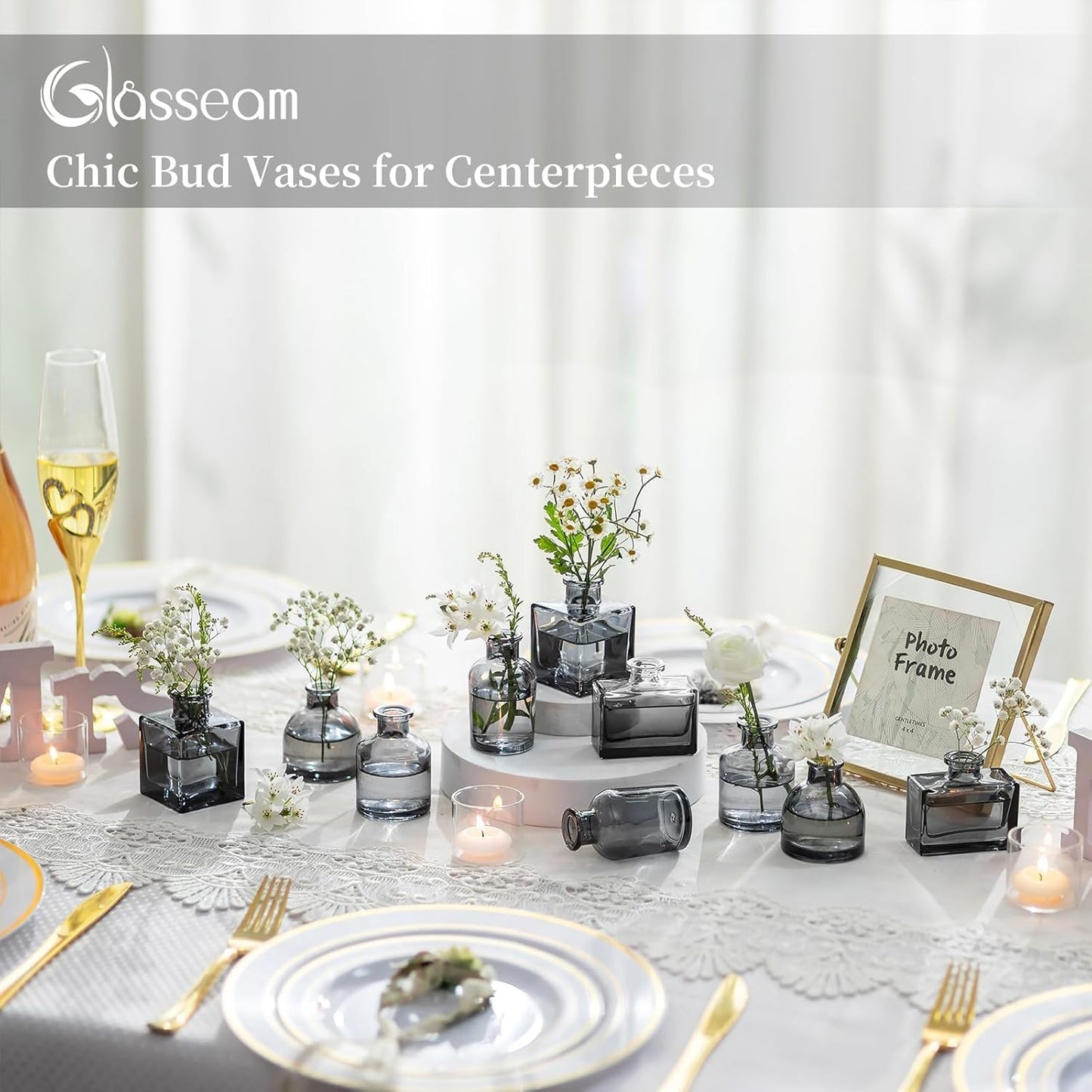 Glasseam Bud Flower Vases in Bulk: 40 Glass Cute Small Vases for Centerpieces Vintage Mini Wedding Birthday Party Table Centerpieces Tiny Baby Shower Dining Room Decoration Black Grey