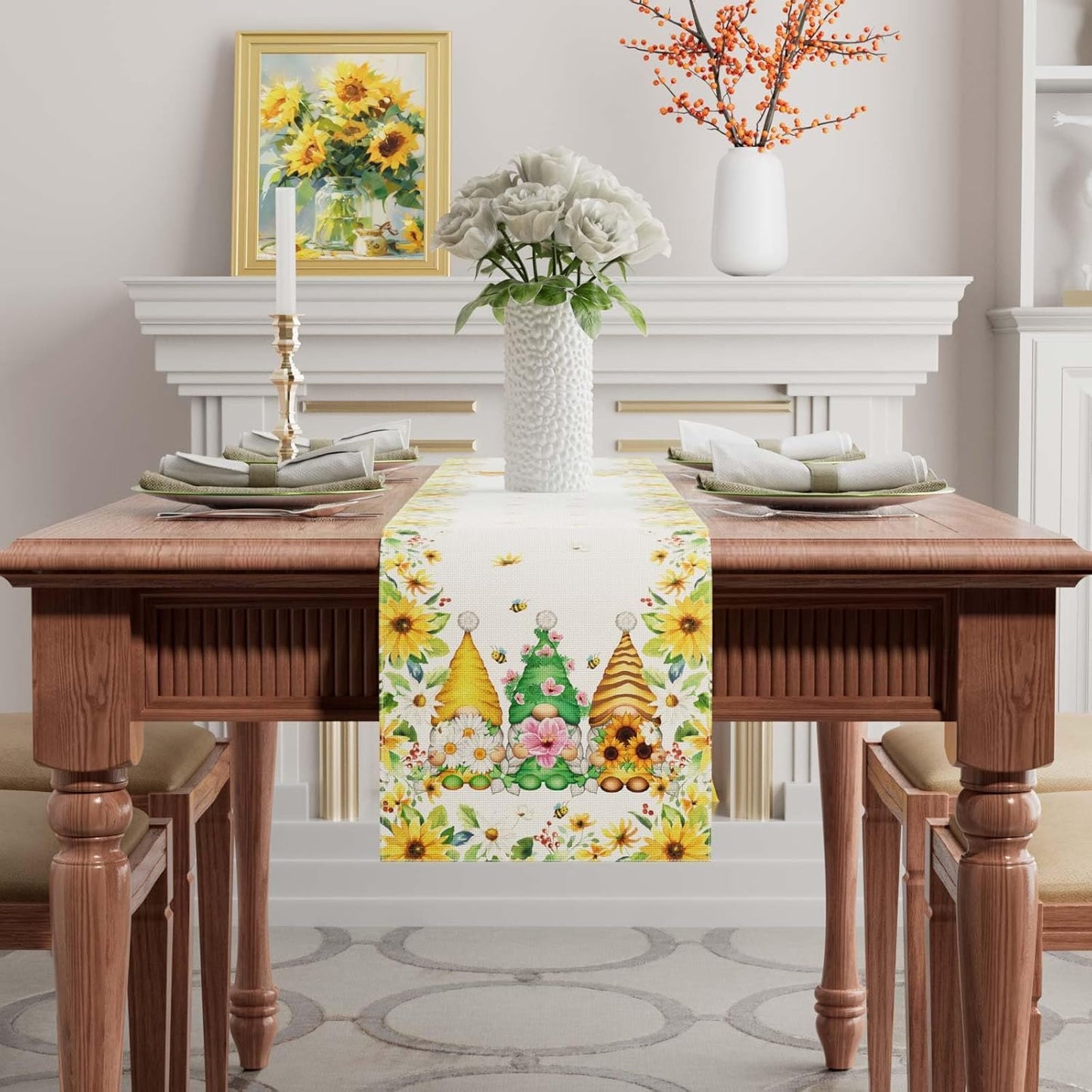 XCHI Yellow White Daisies Flowers Gnomes Spring Table Runner Burlap Table Decoration for Summer Seasonal Home Kitchen Dining Dinner Indoor Holiday Farmhouse Decor 13x36 Inch