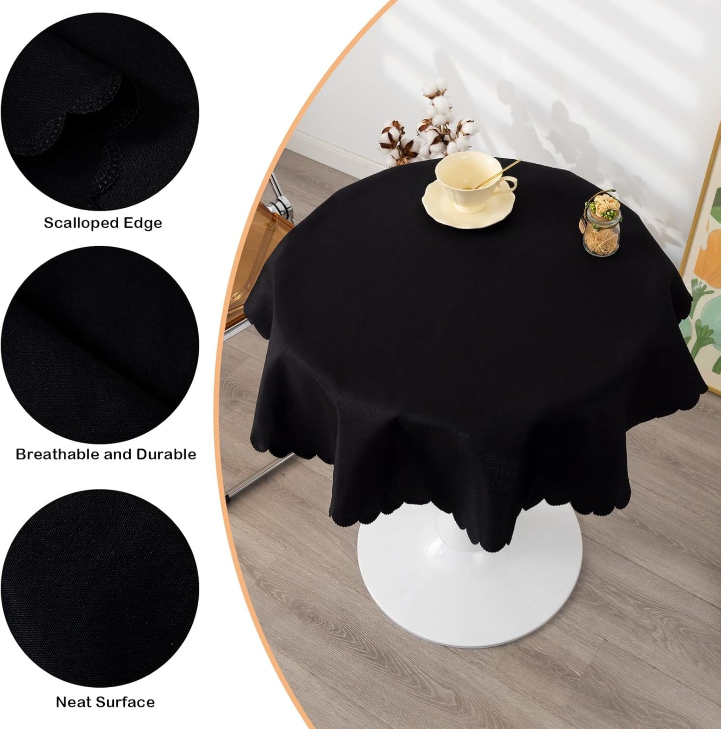 Round Black Tablecloth 48 Inch Polyester Fabric Washable Table Cloth Decorative Wrinkle Resistant Solid Color Table Cover for Kitchen Dinning Party Wedding Camping