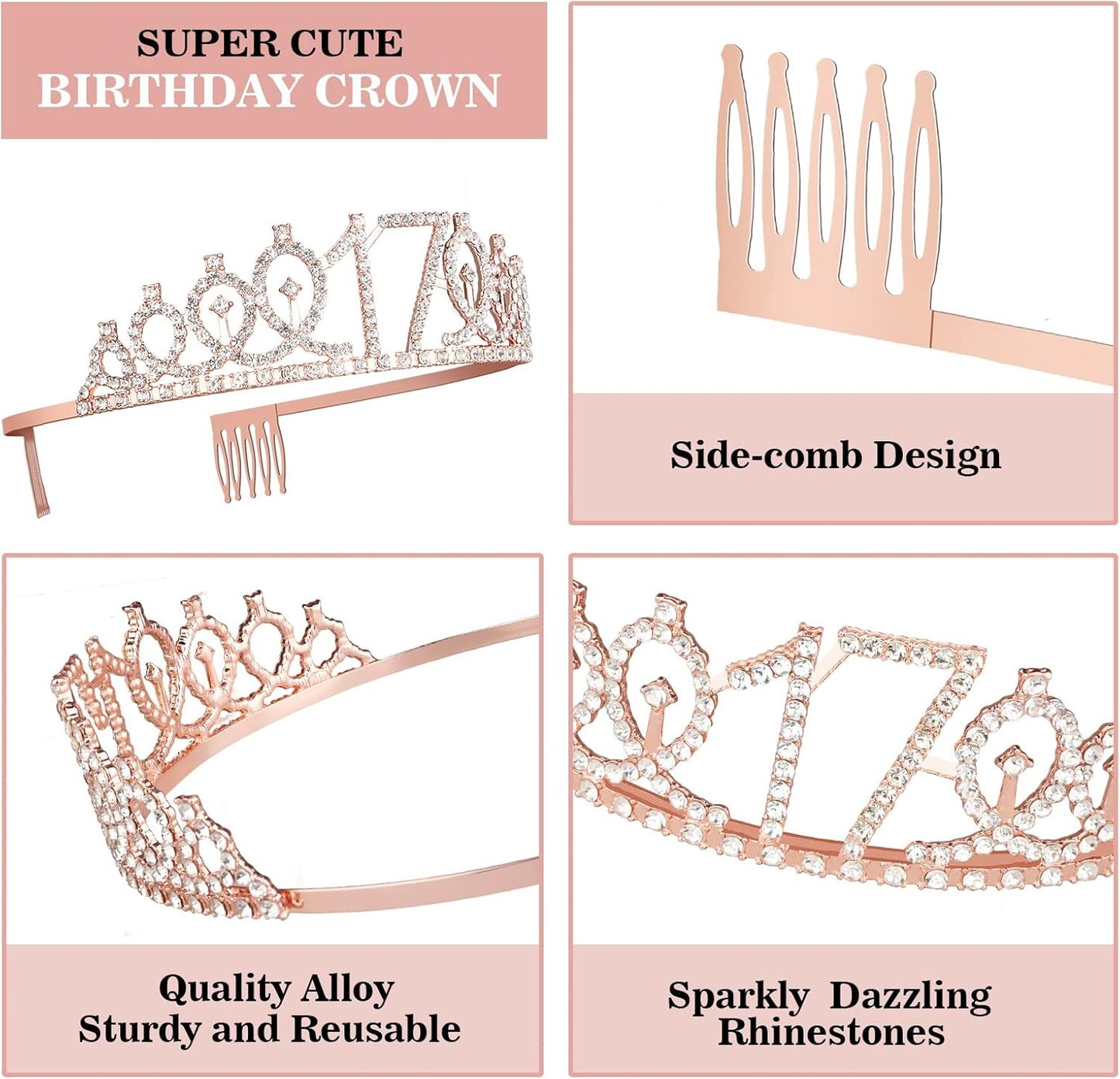 17th Birthday Decorations for Girls Including Birthday Girl Sash, Crown, Numeral Candles and Cake Topper, 17 Year Old Decorations Gifts, Rose Gold Party Decor Supplies