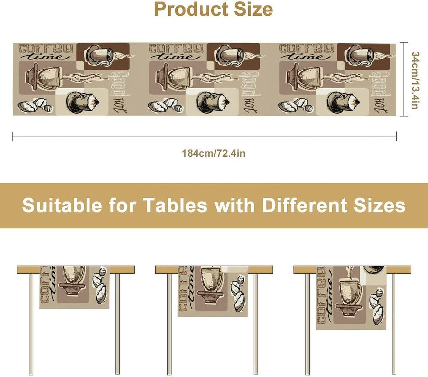 Coffee Table Runner,Vintage Style Coffee Cup Bean Abstract Theme Pattern Print Tablecloth Burlap for Hotel Indoors Outdoor Dining Room Kitchen Table Decor, 13x80in