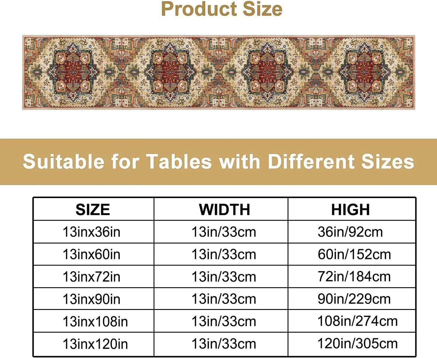 Boho Bohemia Style Table Runner, Vintage Yellow Brown Retro Flower Rustic Country Style Floral Print Pattern for Home Kitchen Table Decor Dining Coffee Room Garden Party Decor 13x108in