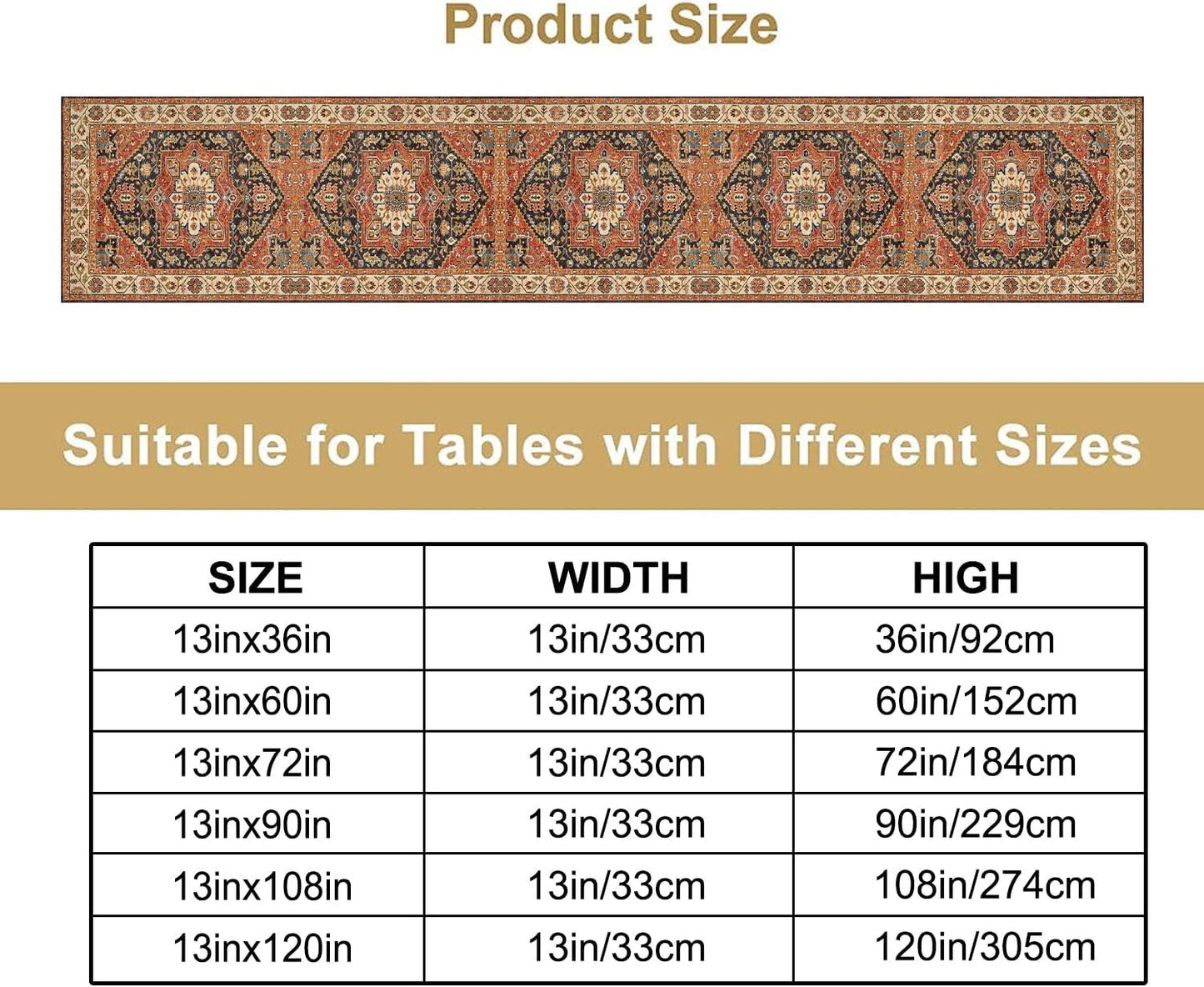 Vintage Boho Floral Table Runner, Rustic Country Farmhouse Orange Black Retro Flower Pattern for Home Kitchen Table Decor Dining Coffee Room Party Decor 13x36in