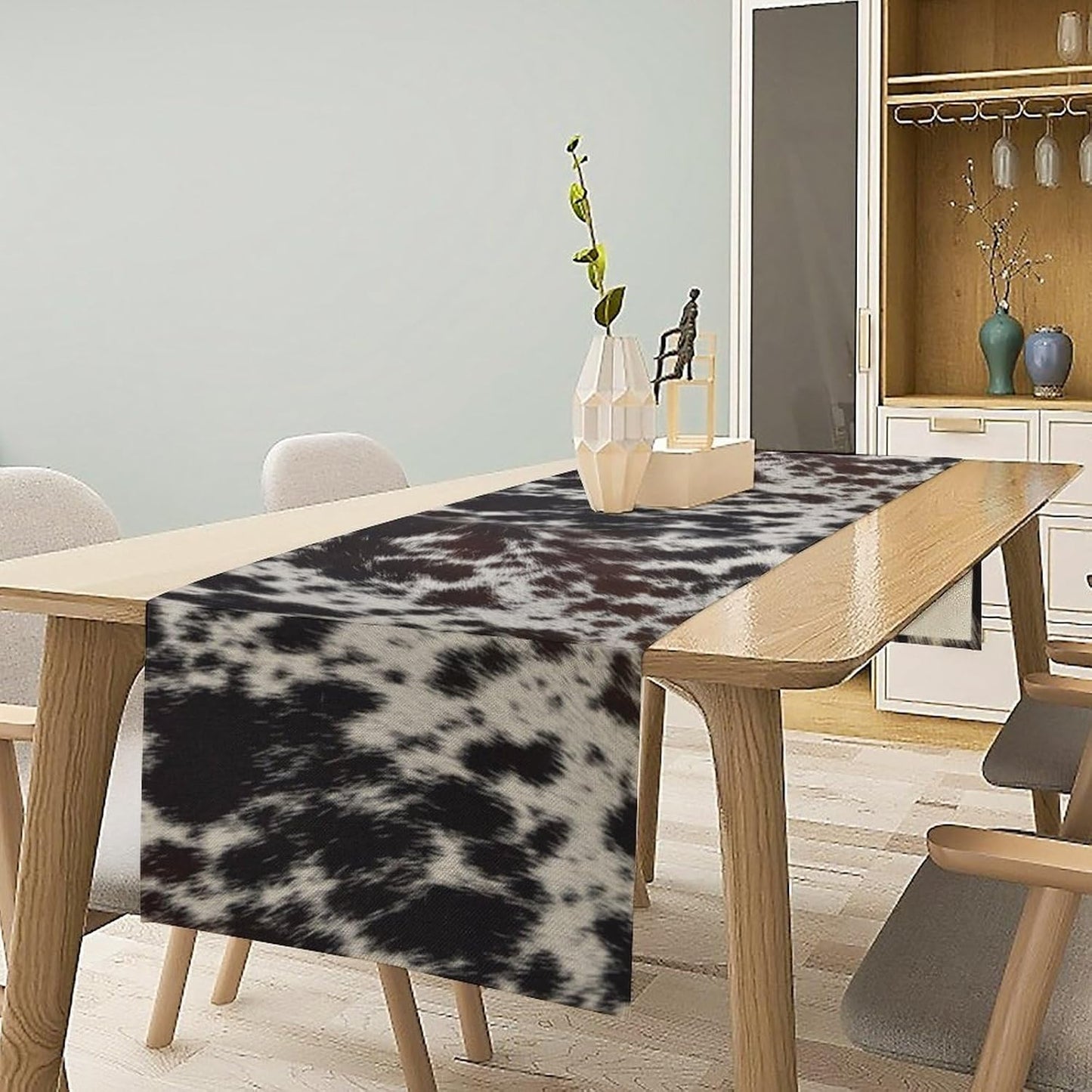 Cow Print Table Runner, Country Farm Animal Fur Skin Pattern Western Style Black Brown Cowhide Print Dinner Runner for Home Kitchen Dining Home Setting, 13x60 Inch