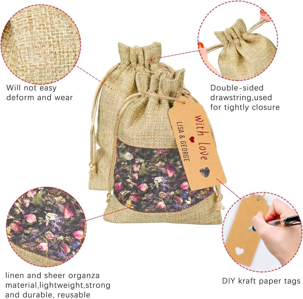 GIOIPC 50Pcs 8 x 12 Inch Linen Burlap Sheer Bags with Drawstring and Bonus Gift Tags for Wedding Birthday Bag,Craft Bags,Cosmetic Samples