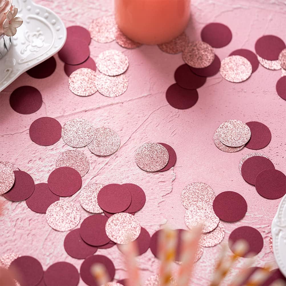 Glitter Confetti Table Decoration for Engagement Bridal Shower Baby Birthday Wedding Party,1.2 inch in Diameter(rose gold glitter,burgundy,200pc)