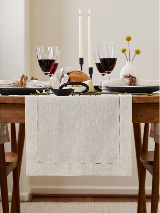 Solino Home Linen Light Natural Table Runner 132 Inches Long - 100% Pure Linen Extra Long Table Runner 14 x 132 Inch for Fall, Autumn, Thanksgiving - Classic Hemstitch