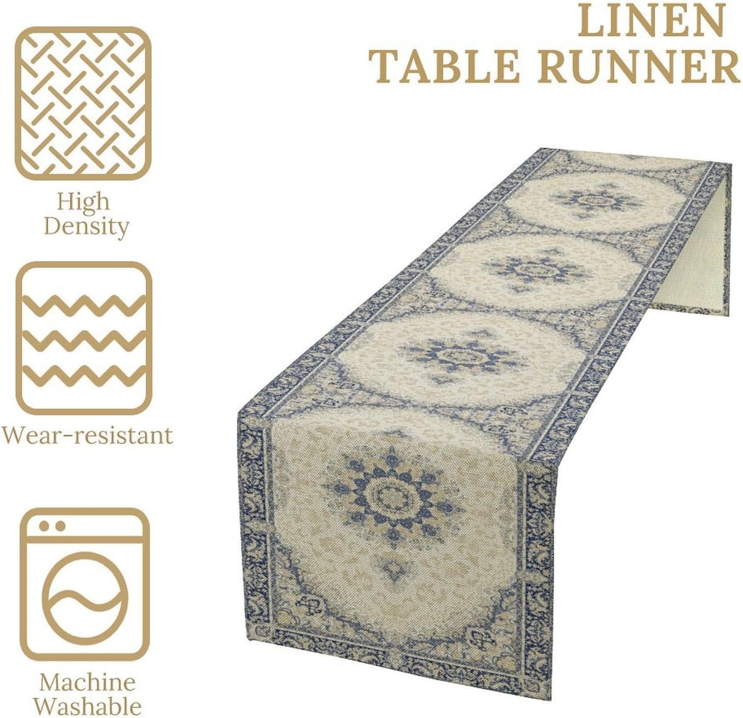 Boho Bohemia Style Table Runner, Vintage Blue Gold Retro Flower Rustic Country Style Floral Print Pattern for Home Kitchen Table Decor Dining Coffee Room Garden Party Decor 13x120in