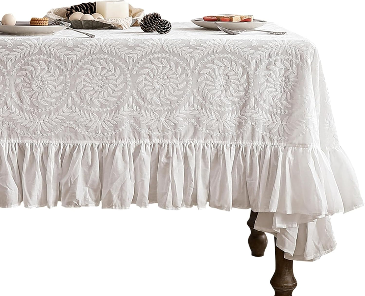 patdrea Vintage Ruffle Tablecloth for Rectangle Tables,Farmhouse Embroidered Cotton White Lace Table Cloth Cover Decor for Dining Room Wedding Banquet Thanksgiving Christmas,67"*106"