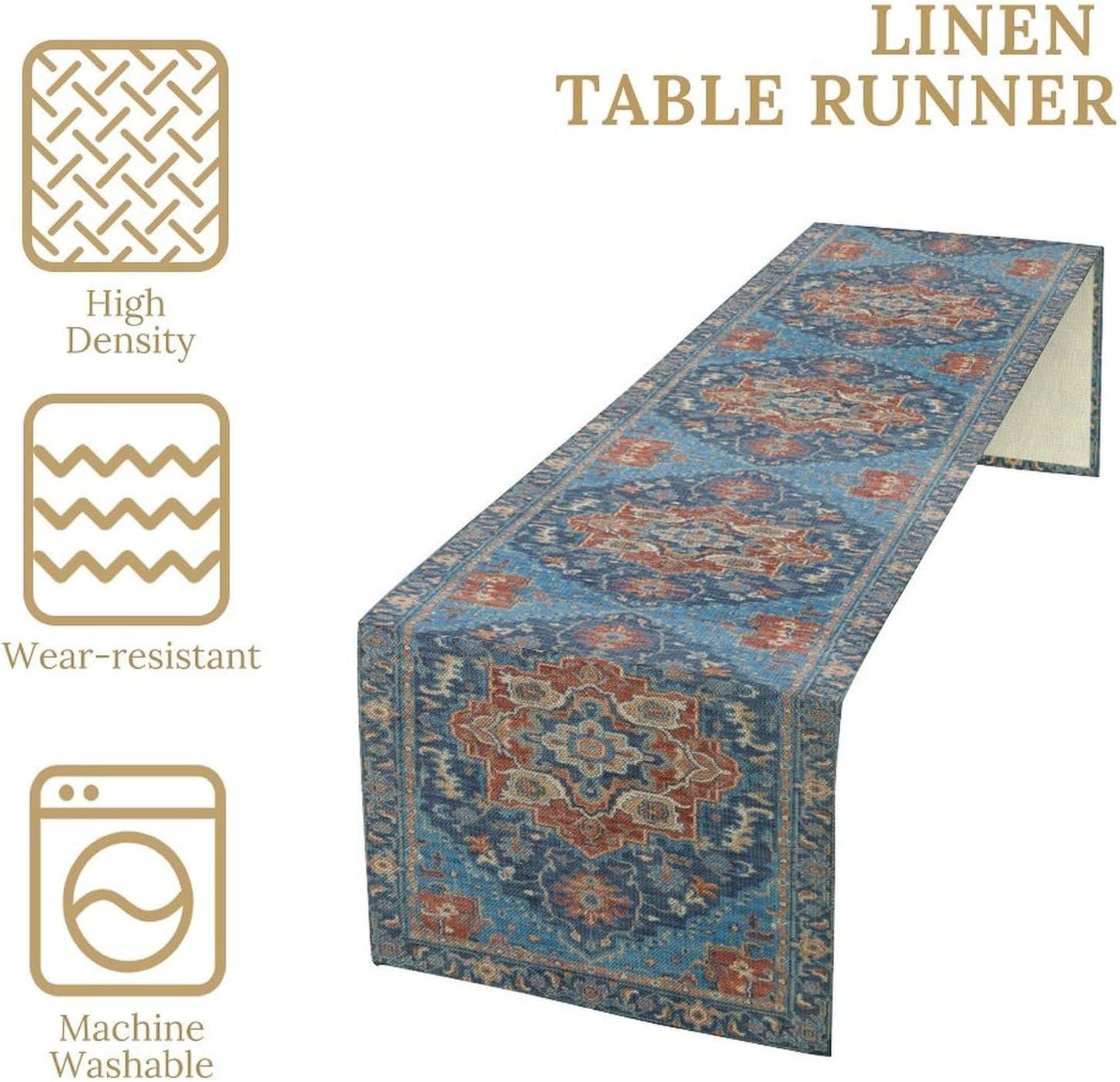 Boho Floral Vintage Table Runner, Retro Abstract Blue Flower Rustic Country Farmhouse Pattern for Home Kitchen Table Decor Dining Coffee Room Party Decor 13x108in